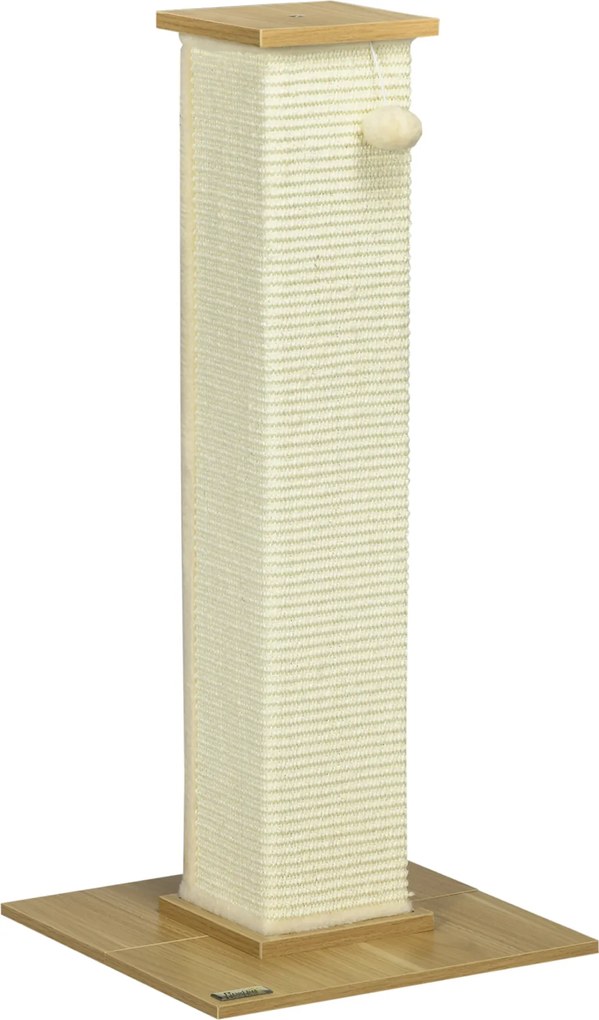 PawHut Drapak z Zabawką, 38 cm x 38 cm x 80 cm, Beż + Naturalny