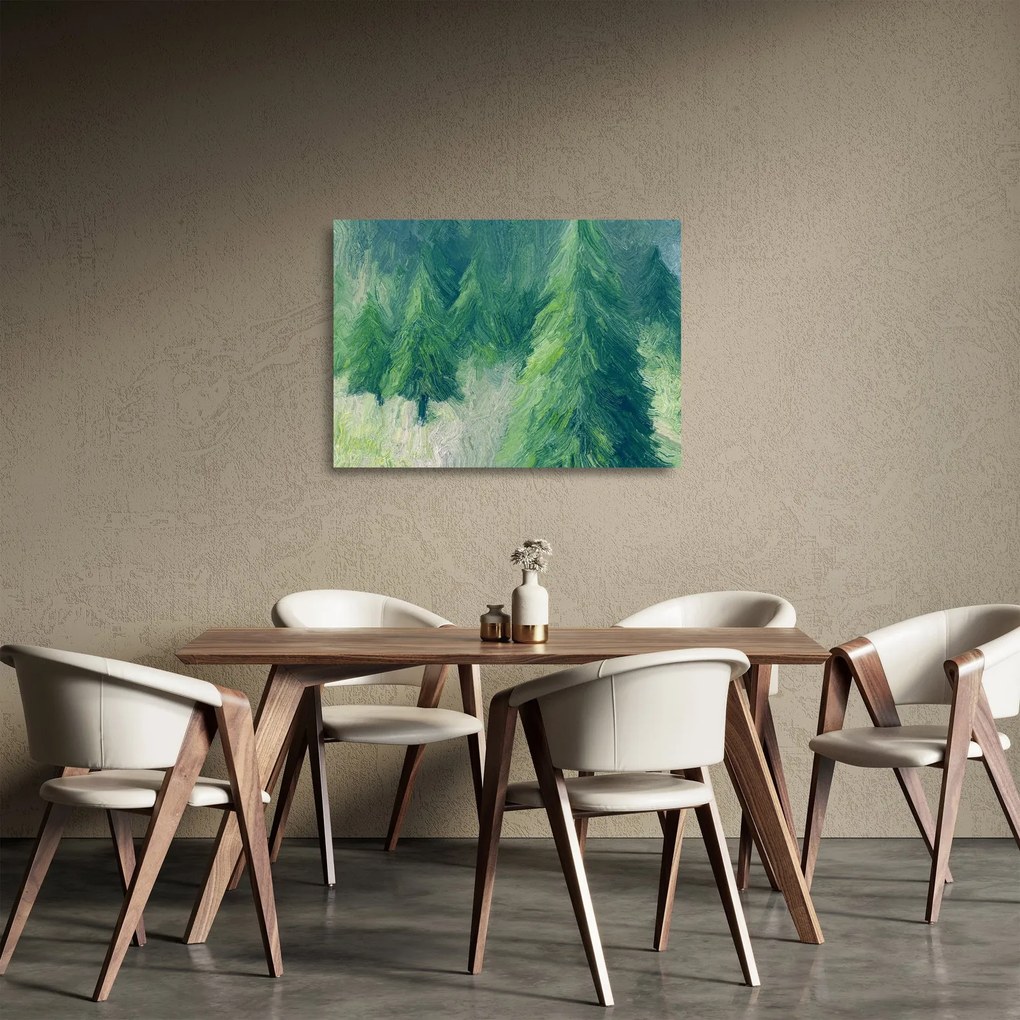 Obraz na szkle - Malowane drzewa iglaste (70x50 cm)