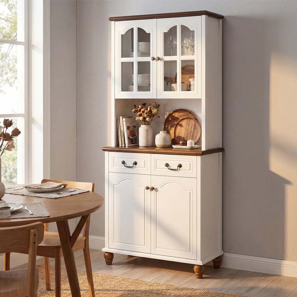 HOMCOM Szafka kuchenna z 2 szufladami, wysoki szafką z otwartą półką, szafka z witryną i funkcją Soft-Close do salonu, kuchni, 76 x 38 x 182 cm, biały