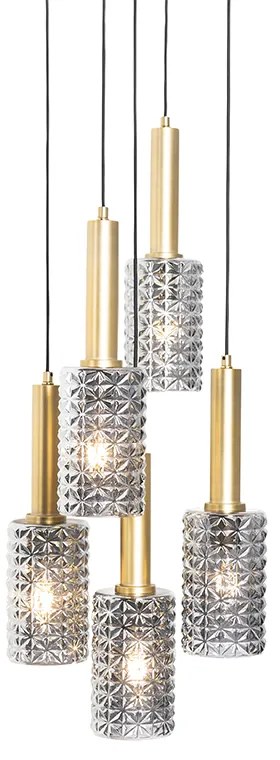 Lampa wisząca złota z dymionym szkłem okrągła 5-światłowa - Elva ArtDeco Oswietlenie wewnetrzne