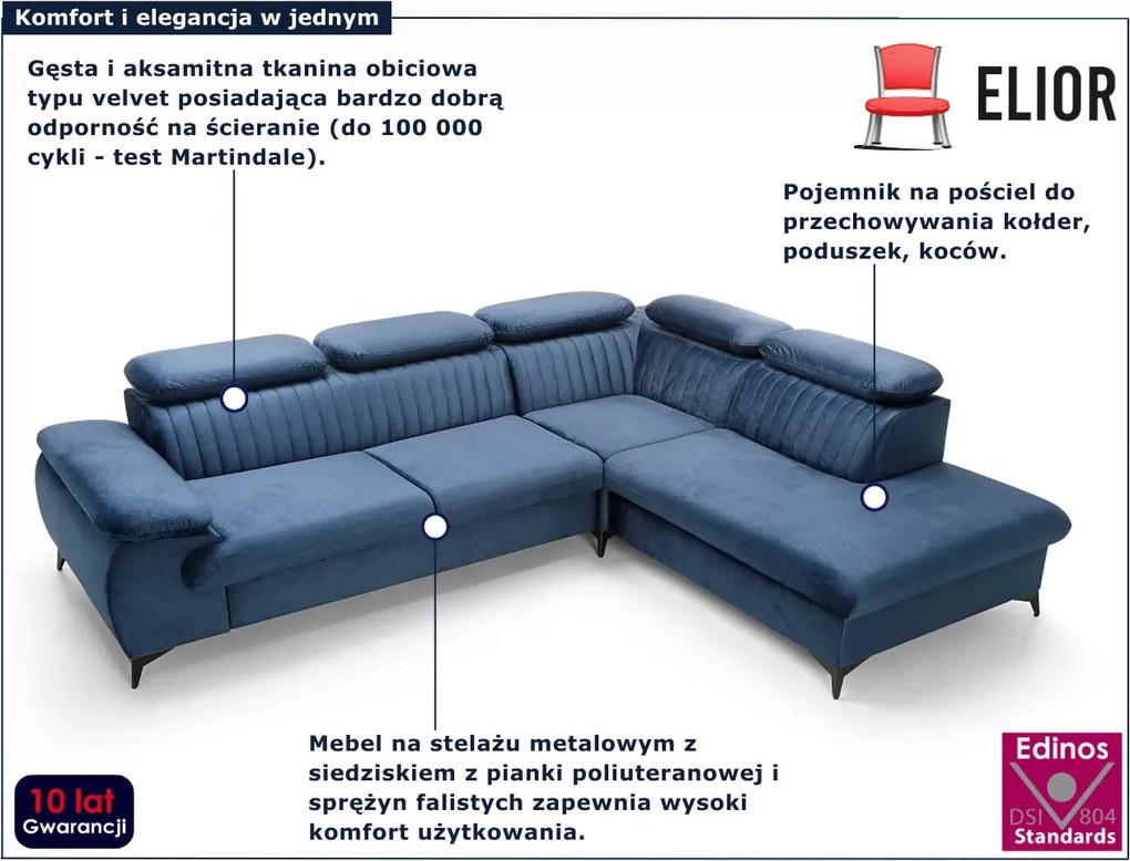 Ciemnoniebieska kanapa narożna rozkładana H0-L40