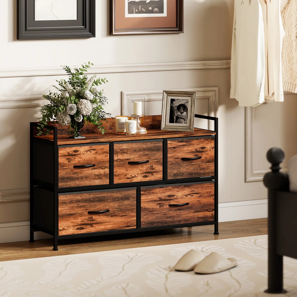 HOMCOM Komoda z Składanymi Szufladami z Tkaniny, Blat z Melaminy, Rama Stalowa, Brąz