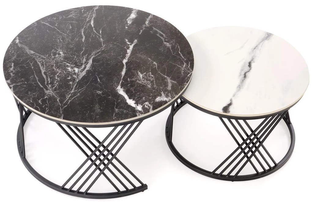 Zestaw 2 okrągłych ław, spiek czarny marmur/biały marmur/czarny 80/46 60/40 FLAMINGO