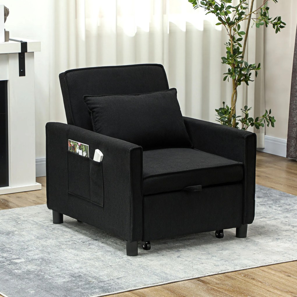 HOMCOM Rozkładany fotel, regulowany, 3 pozycje, Pokrycie z sztruksu, do 120 kg, Czarny