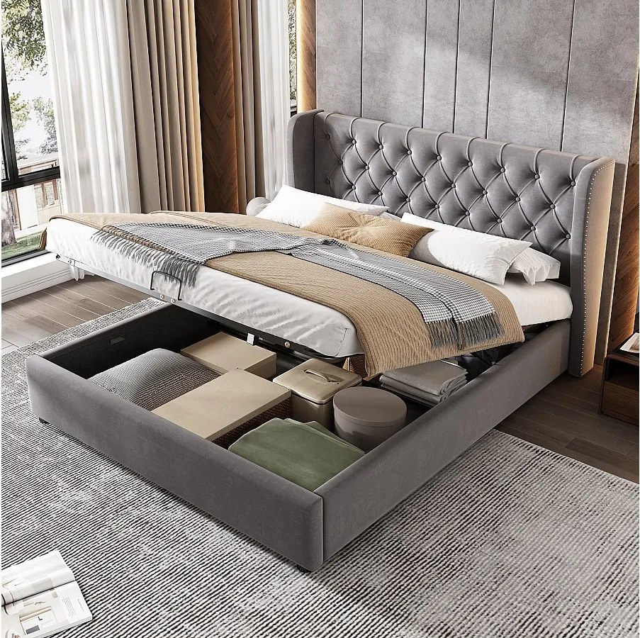 Łóżko z pojemnikiem 160 x 200 cm - Tapicerowany zagłówek z ćwiekami - Szary aksamit - Materac nie jest wliczony w cenę