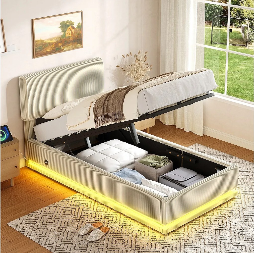 Łóżko tapicerowane hydrauliczne ze schowkiem - 90 x 200 cm - z diodami LED + USB + regulowany zagłówek - welur - beż