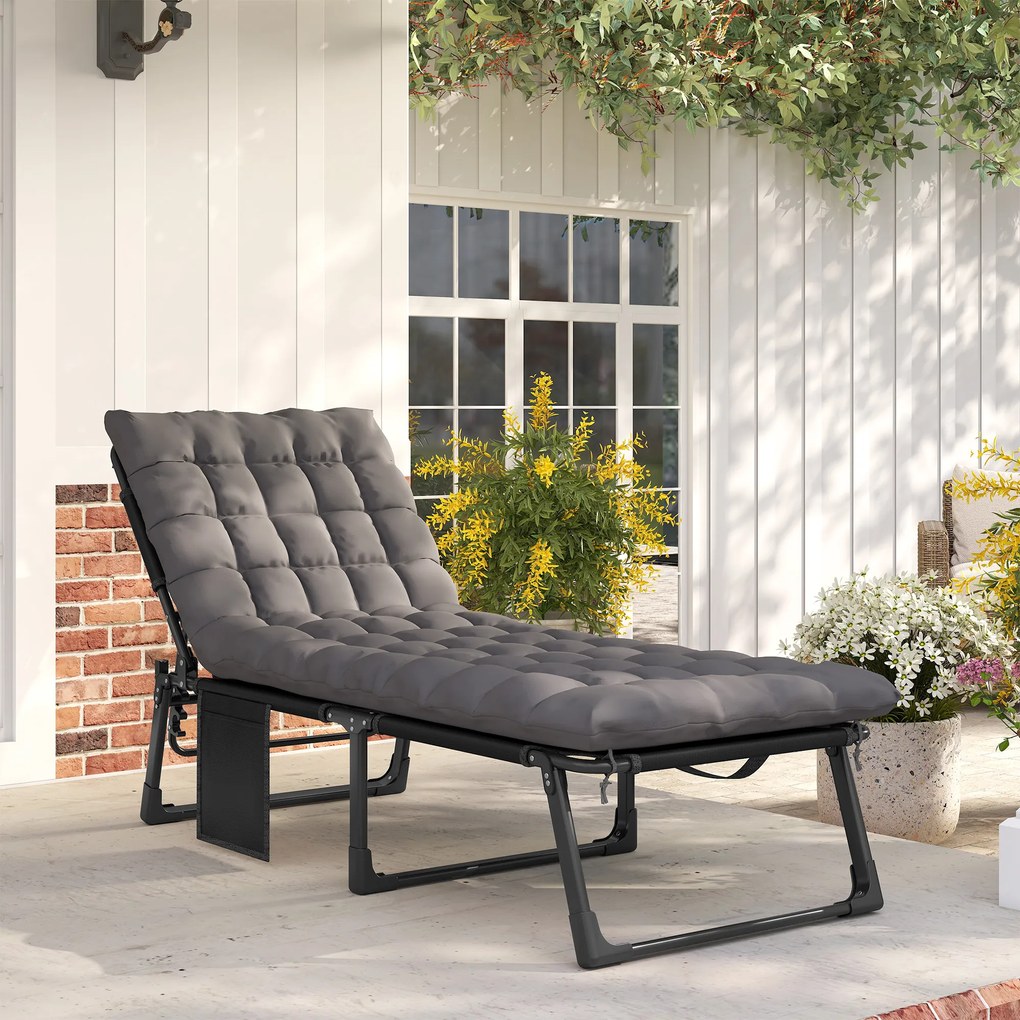 Outsunny Leżanka składana szeroka leżanka ogrodowa z 5-stopniowo regulowanym oparciem, wyściełaną matą, zagłówkiem, kieszenią boczną | Aosom PL