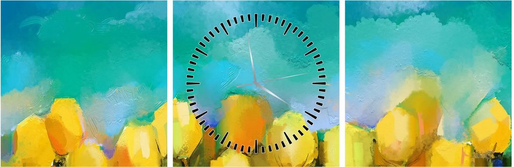 Obraz żółtych tulipanów (z zegarem) (90x30 cm)