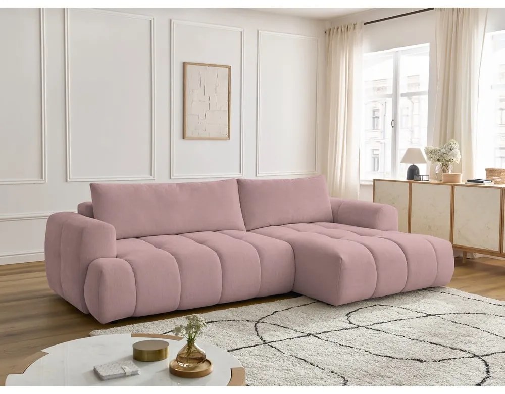 Różowy rozkładany/ze schowkiem narożnik (prawostronny/z szezlongiem) Fuji – Bobochic Paris