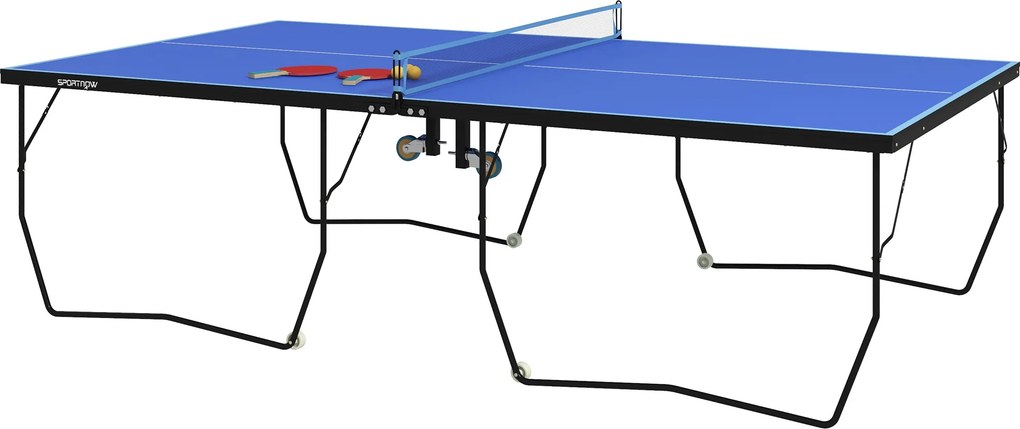 SPORTNOW Stół do Tenisa Stołowego, Składany, 8 Kół, Rama z Malowanej Proszkowo Stali, MDF, 274 x 152,5 x 76 cm, Niebieski