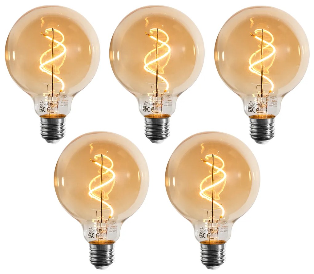 Zestaw 5 ściemnialnych żarówek LED E27 z żarnikiem spiralnym G95, złote, 4W 270LM 2100K