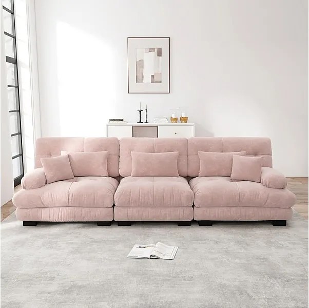 Duża sofa różowa - 3-osobowa - z 5 poduszkami - rama z litego drewna - Plusz - 313x77x81cm