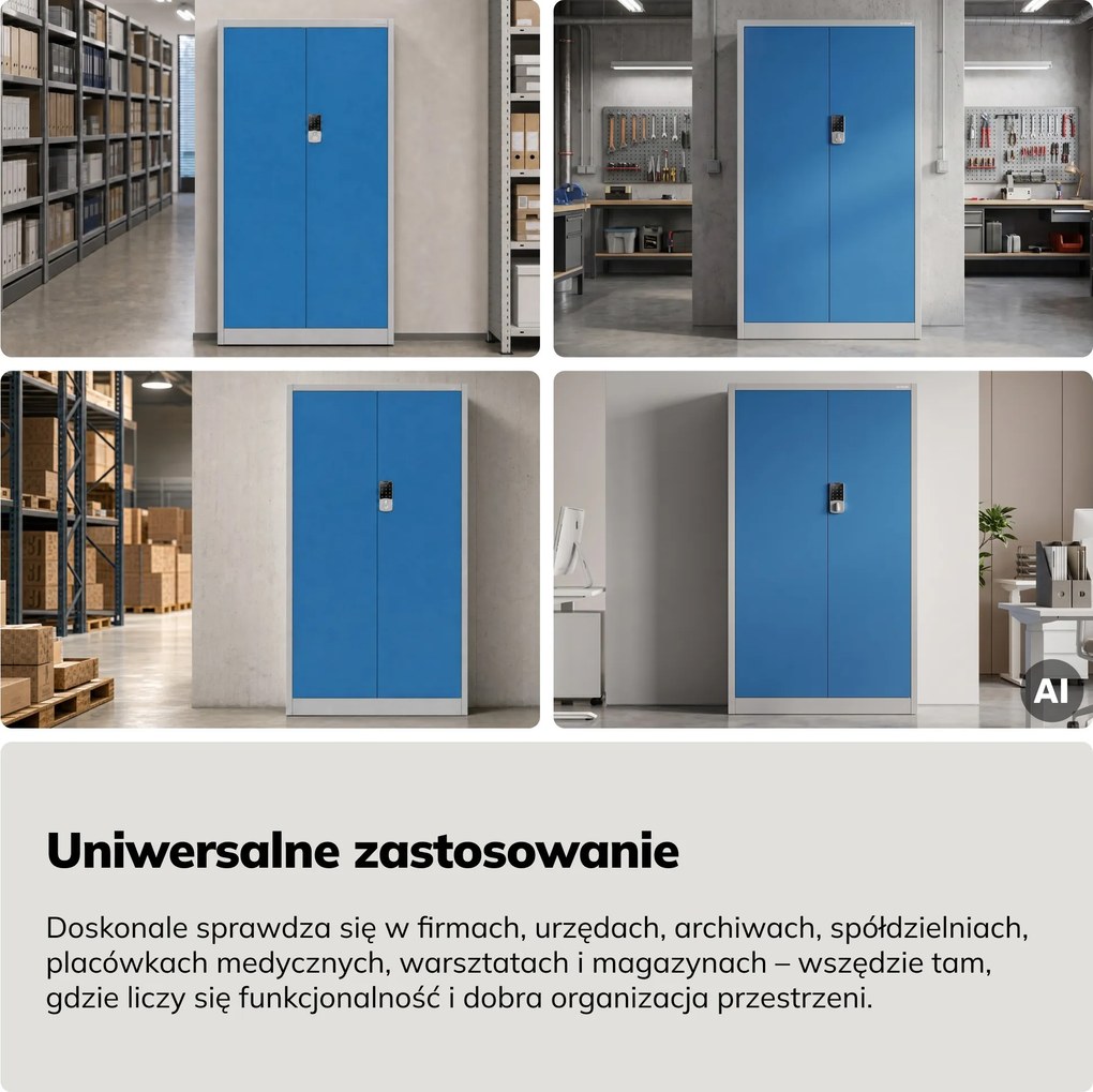Szafa biurowa metalowa z zamkiem na szyfr szaro-niebieska, 900x1850x400 mm: DANIEL