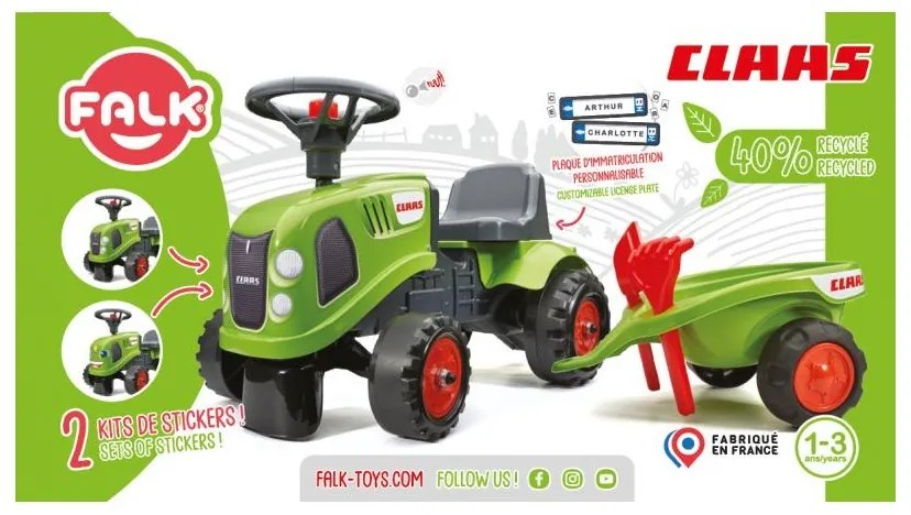 Falk traktorek baby claas zielony z przyczepką + akc. od 1 roku