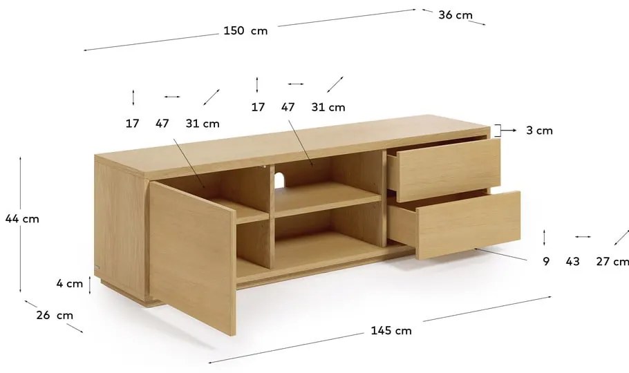 Szafka pod TV w dekorze dębu w naturalnym kolorze 150x44 cm Abilen − Kave Home