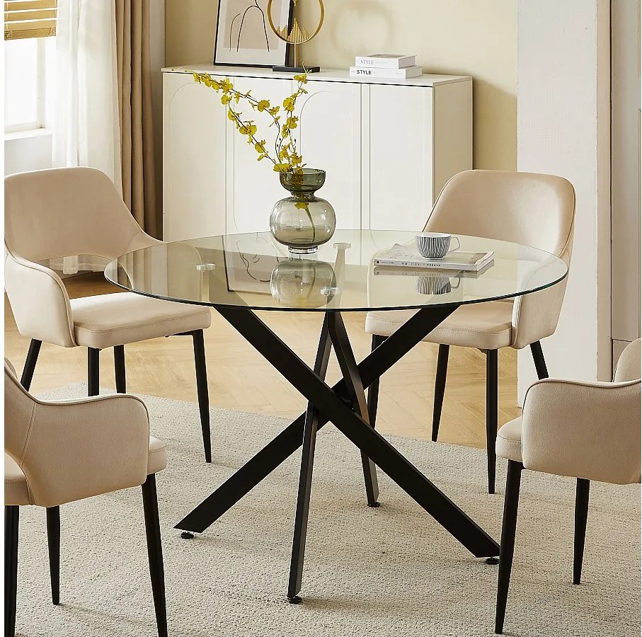 Okrągły stół jadalniany z przezroczystego hartowanego szkła i czarnego metalu – dla 4 osób – CHIARA