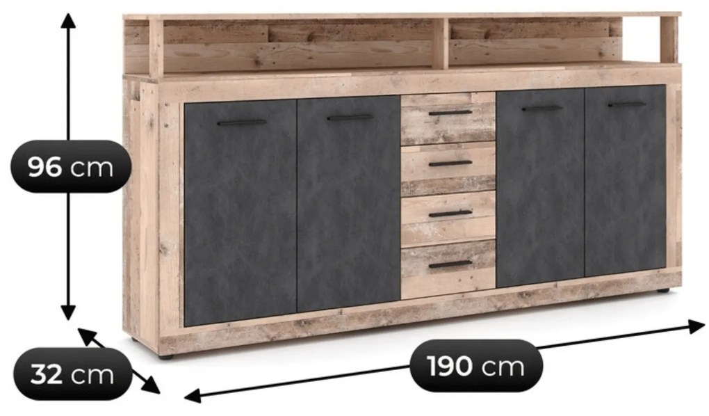 Komoda Czterodrzwiowa BLAGO 190 cm Surowy Dąb/Czarny Loft