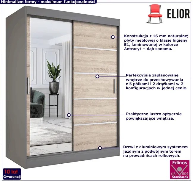 Szafa przesuwna antracyt + dąb sonoma 150 cm - Ebia 4X
