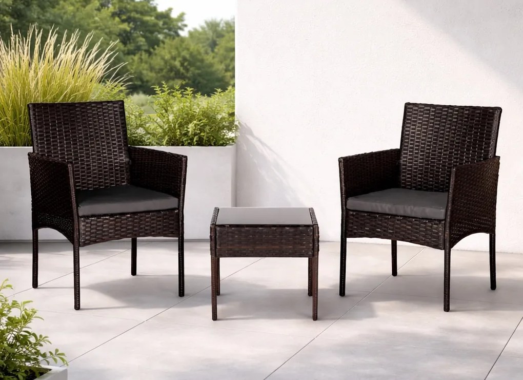 Mały zestaw mebli balkonowych dla 2 osób Riviera 824, technorattan ciemnobrązowy