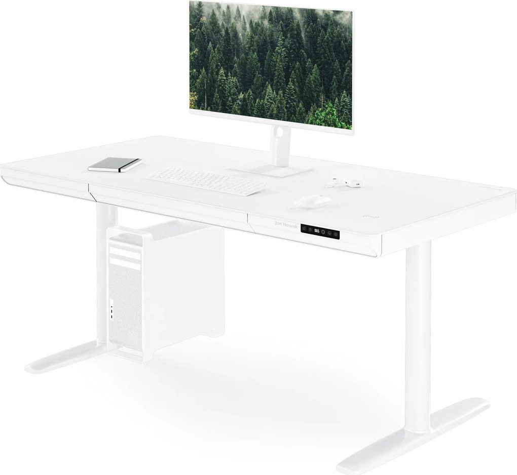 Biurko elektryczne sit-stand z szufladą i ładowarką bezprzewodową Qi białe, 1400 mm: ELLIS