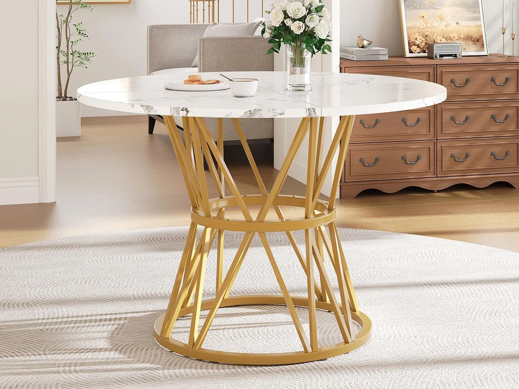 Okrągły stół jadalniany - Dla 4 osób - Okleina o wzorze marmuru - Metalowa rama - MDF - Biały i Złoty