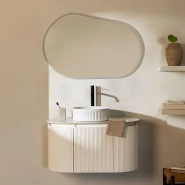 Zestaw Wiszących Mebli Łazienkowych Z Drewna Carsone Biała & Bez Jednostki Pomocniczej & Redondo Cerámica Blanco Rayas Ø36 - Sklum