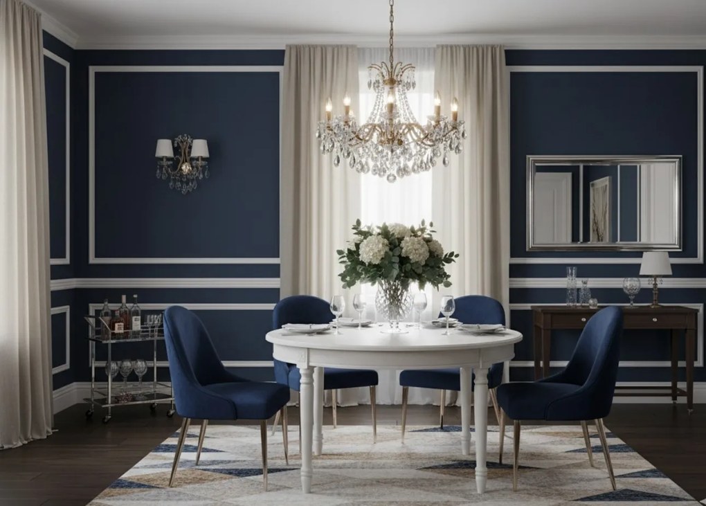 Stylizowany stół jadalniany Flora średnica120 cm, wysokość 78 cm. Biały lakierowany, z delikatnymi sztukateriami i toczonymi nogami, ponadczasowa elegancja w Twojej jadalni.