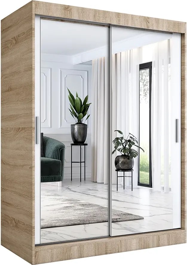 Szafa przesuwna z lustrem 150 cm dąb sonoma + biały R3-N80