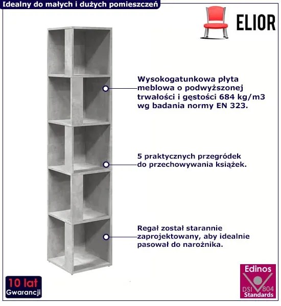 Narożny wąski regał na książki beton - Valero