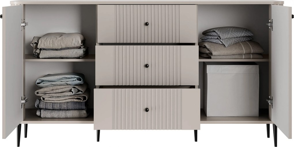 Komoda Vesper 160 cm z szufladami na nóżkach - kaszmir / czarne nogi