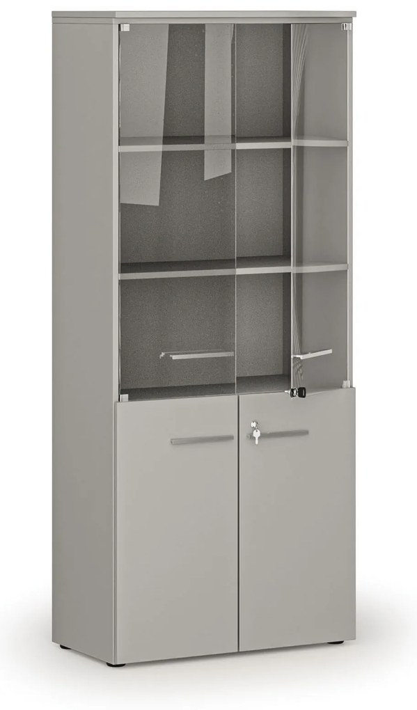 Szafa biurowa kombinowana PRIMO GRAY z drzwiami drewnianymi i szklanymi, 800 x 420 x 1781 mm, szary