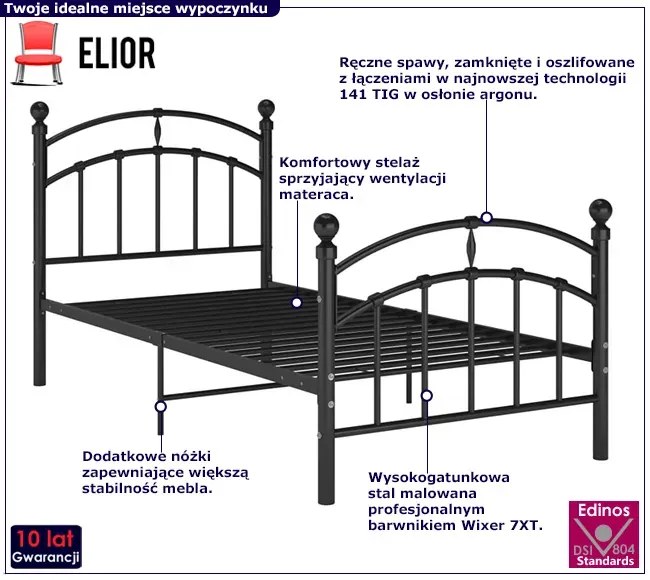 Czarne metalowe łóżko pojedyncze 100x200 cm - Enelox