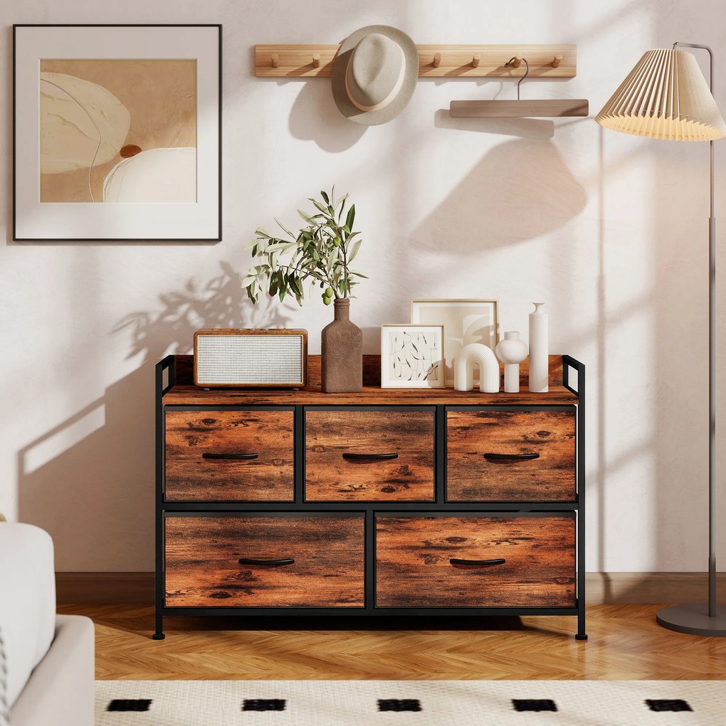 HOMCOM Komoda z Składanymi Szufladami z Tkaniny, Blat z Melaminy, Rama Stalowa, Brąz