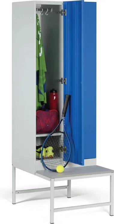 Szafka ubraniowa S1 z ławką, 2-drzwiowa, 1875 x 600 x 500/800 mm, zamek cylindryczny, drzwi niebieskie