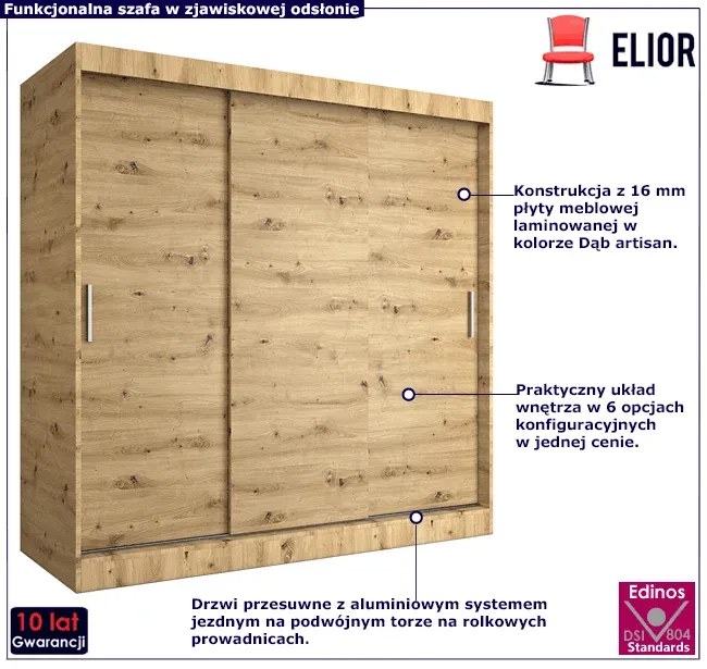 Szafa przesuwna 200 cm dąb artisan - Erco 6X
