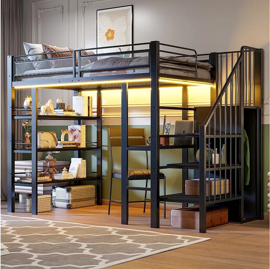 Łóżko piętrowe metalowe dla dzieci - 90 x 200 cm - z diodami LED + gniazdko elektryczne + półka + biurko - metalowe - czarne