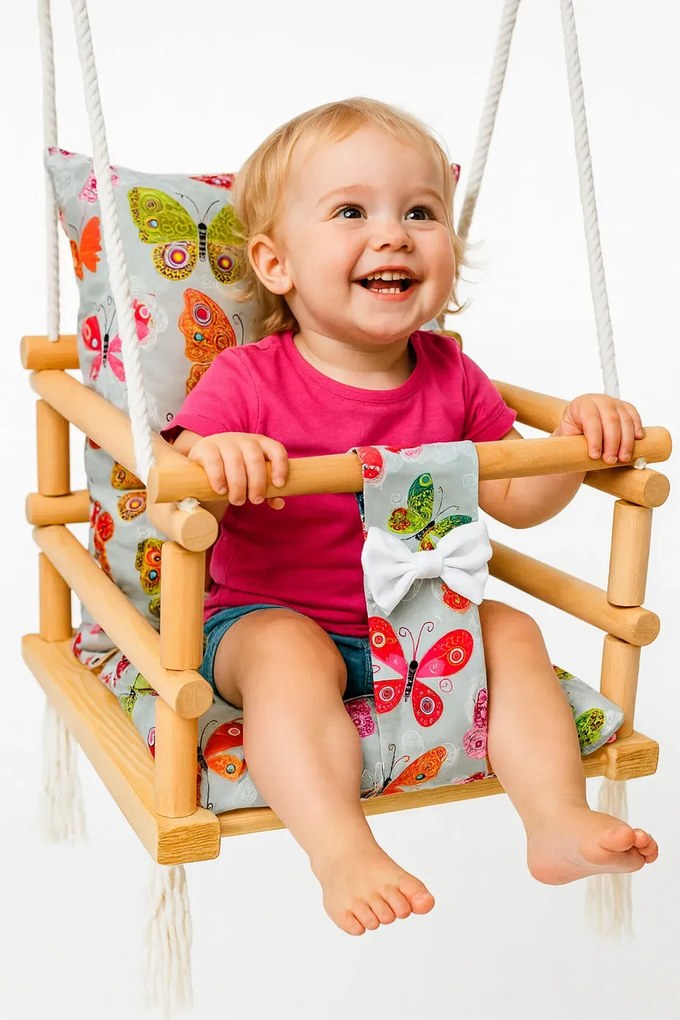 Szara huśtawka kubełkowa dla dzieci w motylki E0-G78