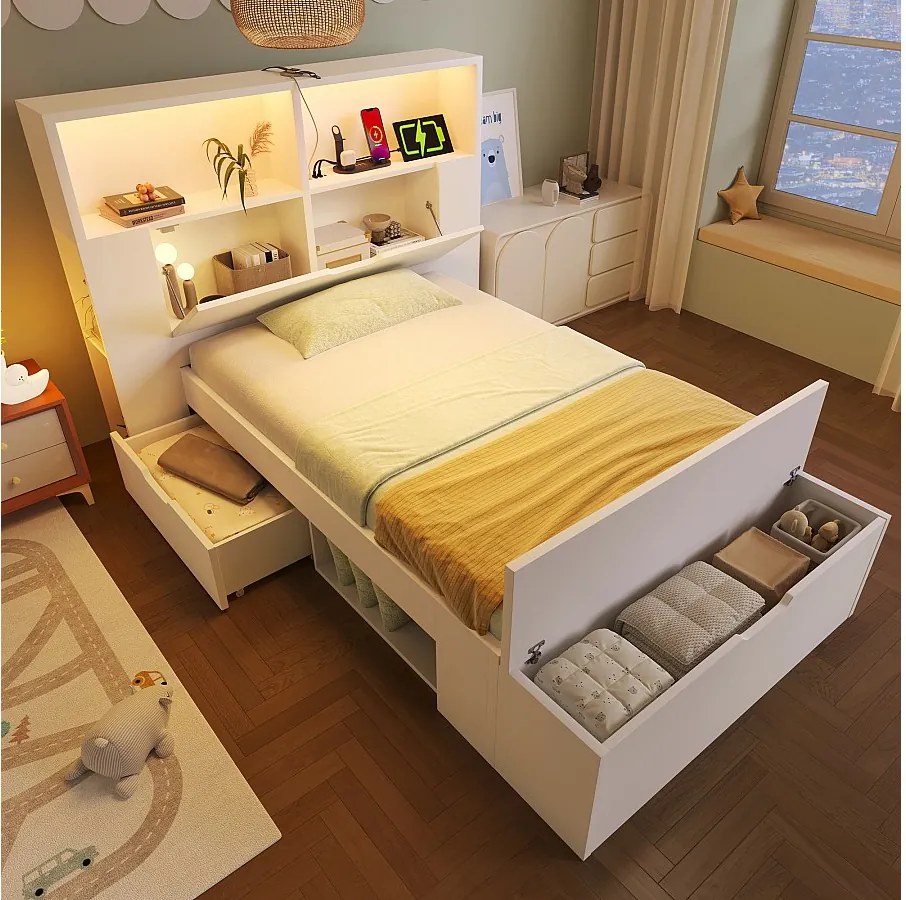 Łóżko dziecięce drewniane z pojemnikiem - 90 x 200 cm - z zagłówkiem ze schowkiem + diody LED + USB + szuflady + ławka - drewno - białe