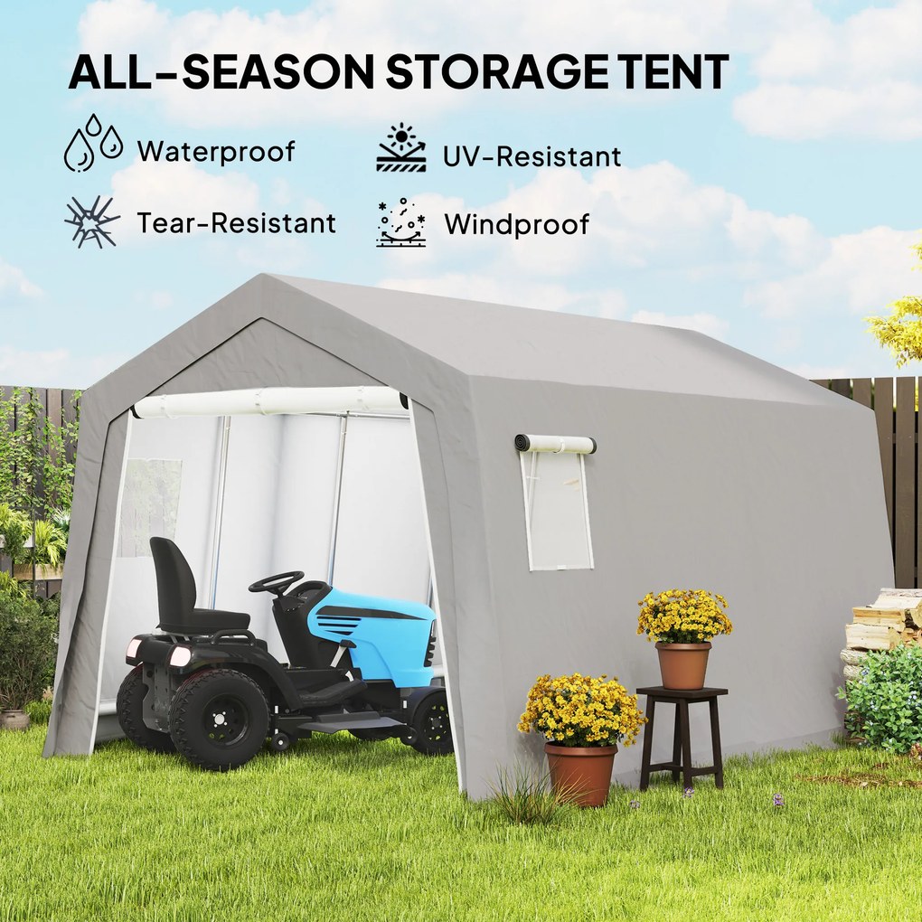 Outsunny Wodoodporny namiot magazynowy z zadaszonym dachem, z drzwiami i oknami 300x447x255 cm, Jasnoszary