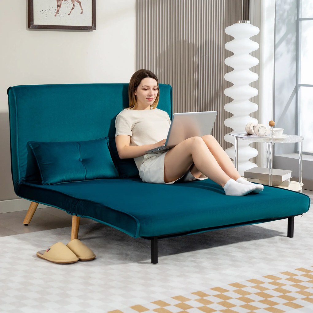 HOMCOM 2-osobowa sofa rozkładana, łóżko sofa, transformowalna kanapa, regulowane oparcie, materiał obiciowy, stalowy stelaż, zielona