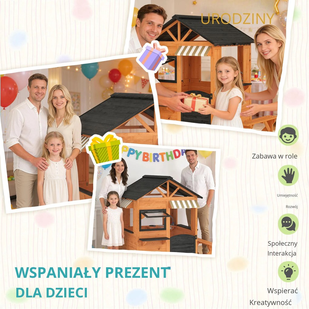 AIYAPLAY Drewniany domek dla dzieci z kuchnią, ławką, okienkami i drzwiami dla dzieci w wieku 3-8 lat, 171,5 x 146 x 156 cm, brązowy | Aosom PL