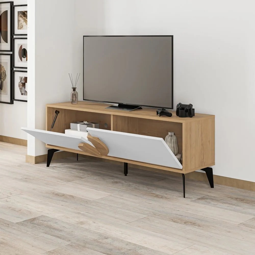 Biała szafka pod TV w dekorze dębu 140x51 cm Vae – Marckeric