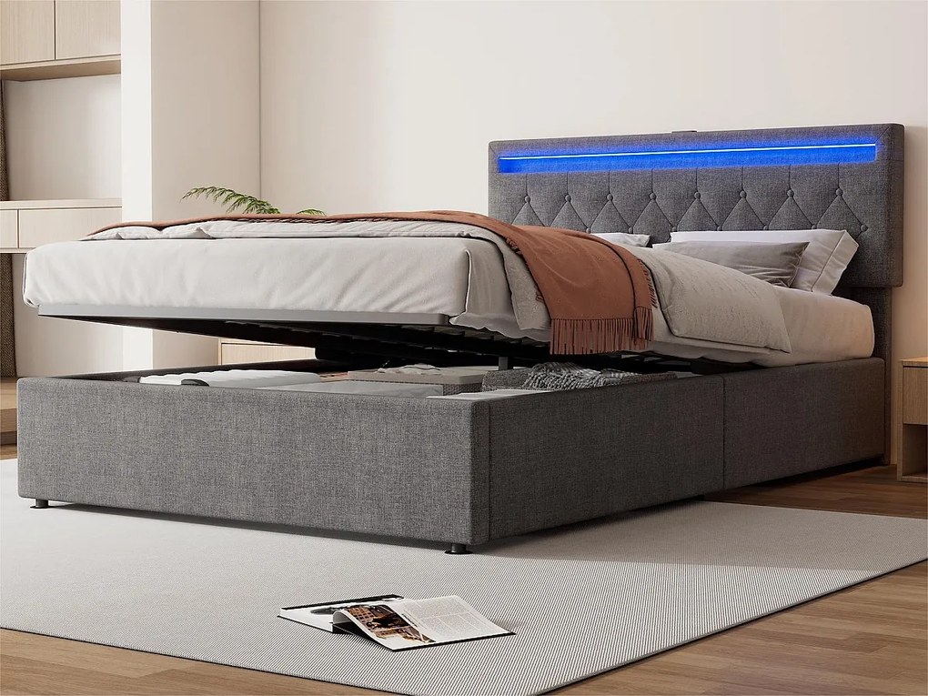 Łóżko z pojemnikiem 140x200 cm z tkaniny lnianej z LED - gniazda USB i Type-C na łóżku - z stelażem na listwy - Szary
