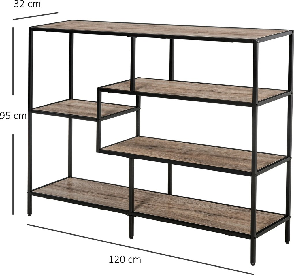 Regał HOMCOM, Biblioteczka w stylu industrialnym, Regał na dokumenty, Kuchenny, Płyta wiórowa P2, Metal, Czarny+jasny dąb, 120 x 32 x 95 cm