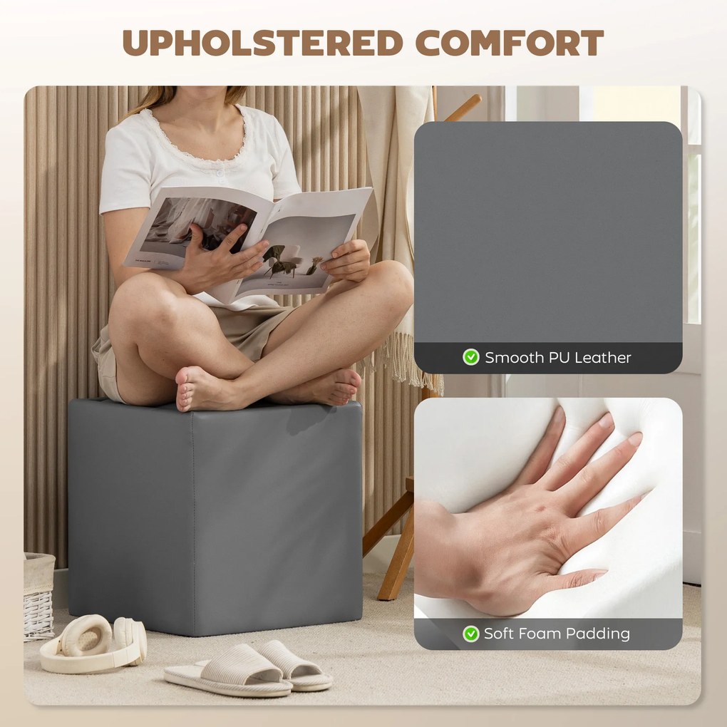 HOMCOM Pufa z miejscem do przechowywania z pokrywą, Kwadratowy podnóżek, Pufa z ekoskóry 40 x 40 x 40 cm Szary