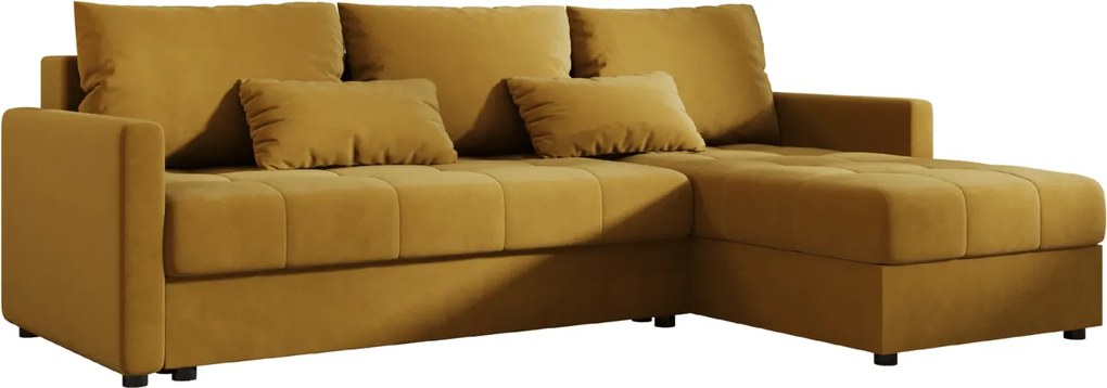 Rozkładana narożna sofa VENORIA 220x143 cm, musztardowa, uniwersalna + 2 poduszki GRATIS
