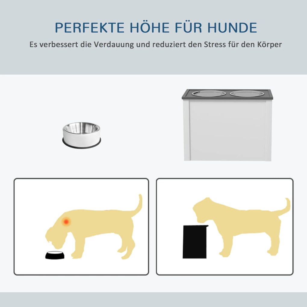 PawHut Stacja do karmienia zwierząt Podwyższone miski 1 Przechowywanie 2 Miski ze stali nierdzewnej, 60 x 30 x 42cm, Biało-Szary