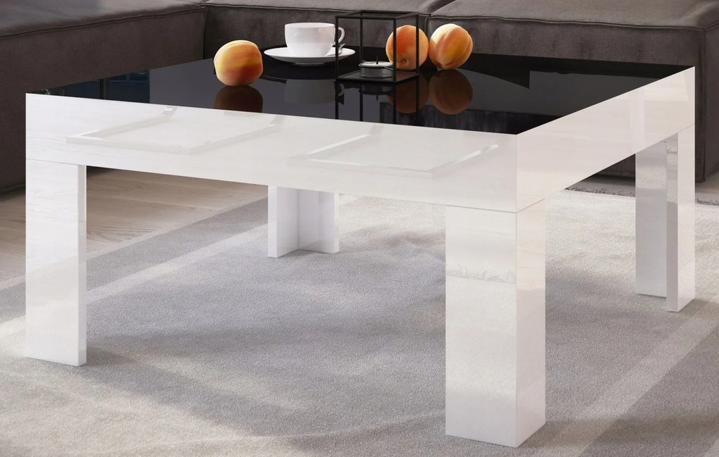 Stolik do salonu w wysokim połysku Simple 80x80 z czarnym blatem i białymi nogami