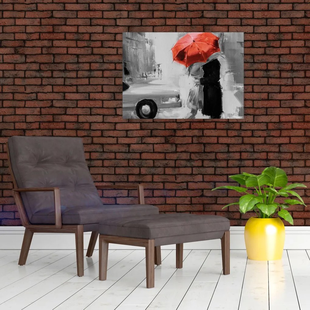 Obraz na szkle - Zakochana para pod parasolem, czerwony (70x50 cm)