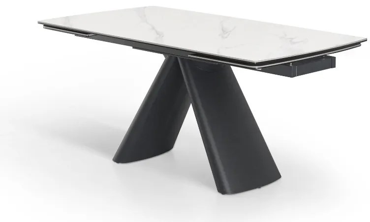 Elegancki stół z białym ceramicznym blatem na hartowanym szkle. Metalowa podstawa z czarnej stali nadaje mu nowoczesny charakter i wyjątkową trwałość.
